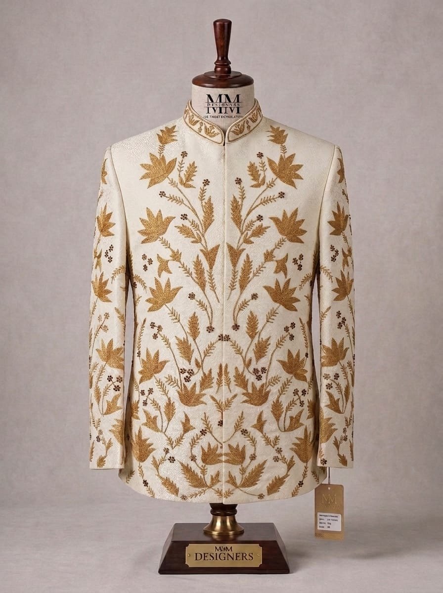 Premium Off White Embroidered  Prince Coat
